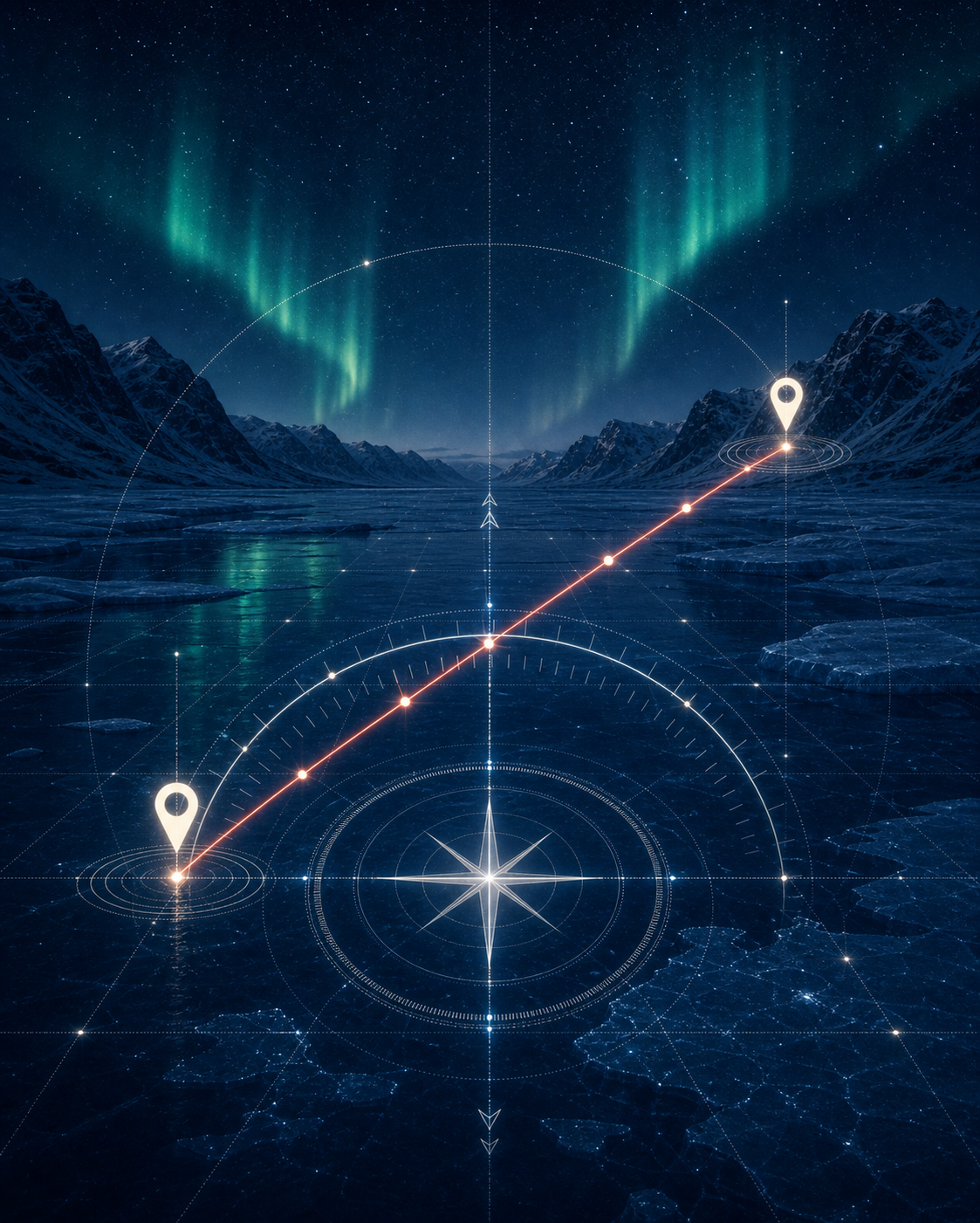 Bearing and distance illustration with route line and compass geometry
