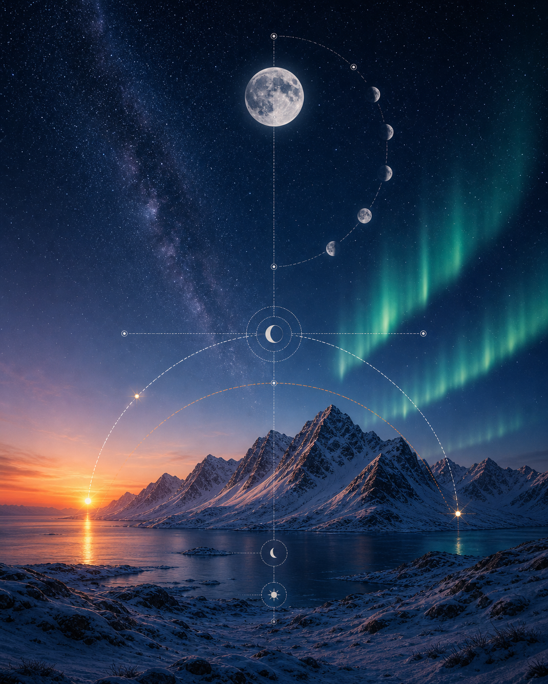 Celestial navigation illustration with moonlight and stars