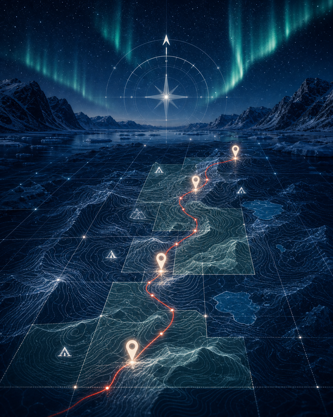 Map planning illustration with route pins and topographic lines